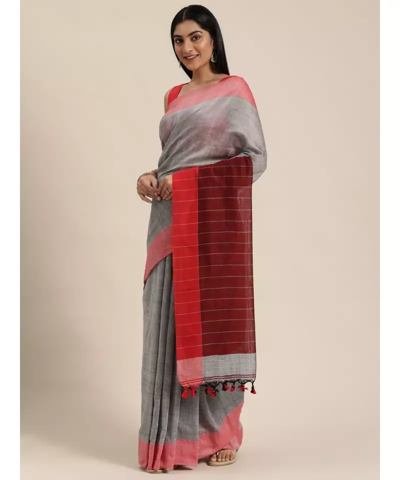 Grey Plain Cotton Handloom Sarees With Blouse