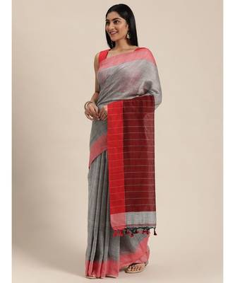 Grey Plain Cotton Handloom Sarees With Blouse 5