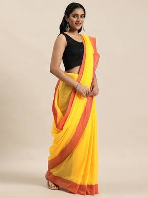 Yellow Plain Cotton Handloom Sarees With Blouse 1