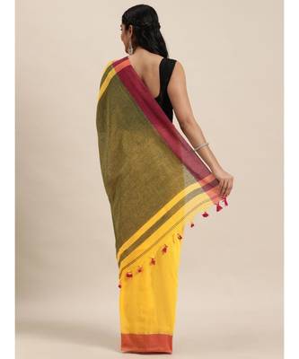 Yellow Plain Cotton Handloom Sarees With Blouse 2