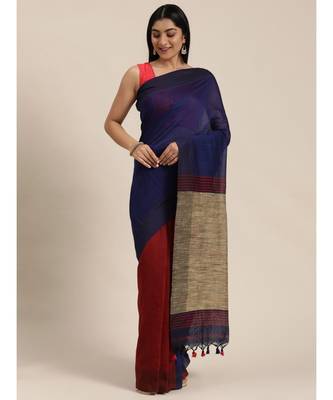 Blue Plain Cotton Handloom Sarees With Blouse 1