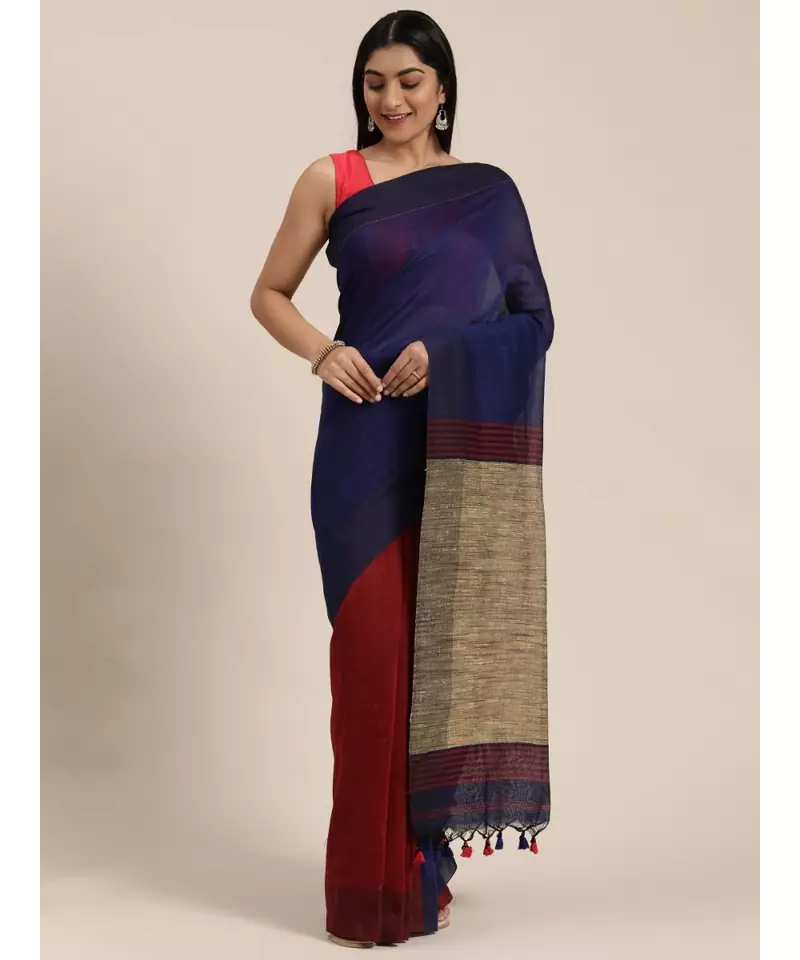 Blue Plain Cotton Handloom Sarees With Blouse