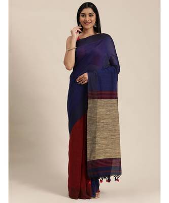 Blue Plain Cotton Handloom Sarees With Blouse 2