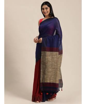 Blue Plain Cotton Handloom Sarees With Blouse 3