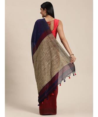 Blue Plain Cotton Handloom Sarees With Blouse 4
