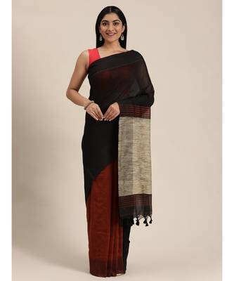 Black Plain Cotton Handloom Sarees With Blouse 2