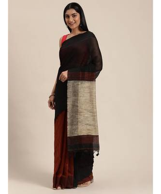 Black Plain Cotton Handloom Sarees With Blouse 1