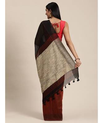 Black Plain Cotton Handloom Sarees With Blouse 3