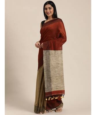 Brown Plain Cotton Handloom Sarees With Blouse 1