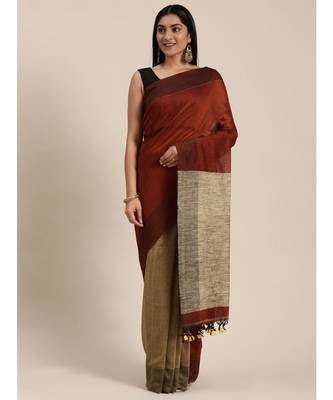 Brown Plain Cotton Handloom Sarees With Blouse 2