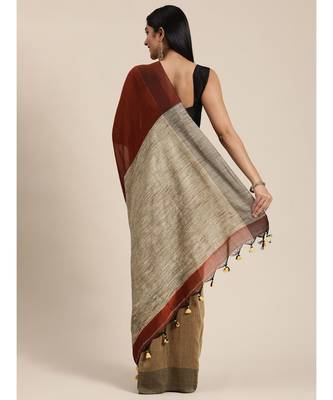 Brown Plain Cotton Handloom Sarees With Blouse 3