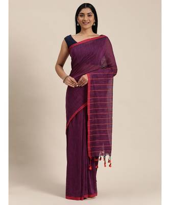 Purple Plain Cotton Handloom Sarees With Blouse 1