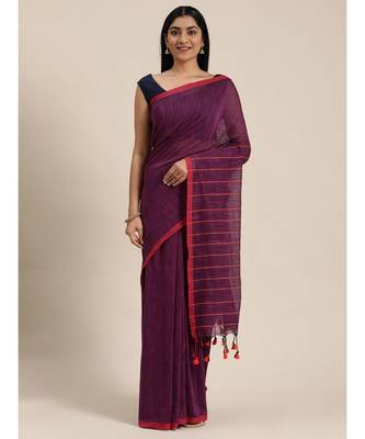 Purple Plain Cotton Handloom Sarees With Blouse 2