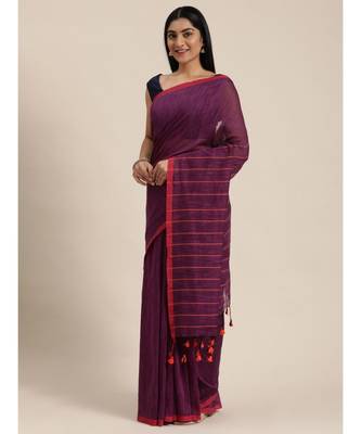 Purple Plain Cotton Handloom Sarees With Blouse 3
