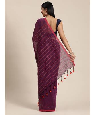 Purple Plain Cotton Handloom Sarees With Blouse 4