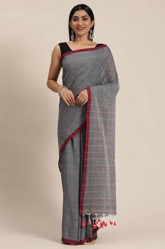 Grey Plain Cotton Handloom Sarees With Blouse
