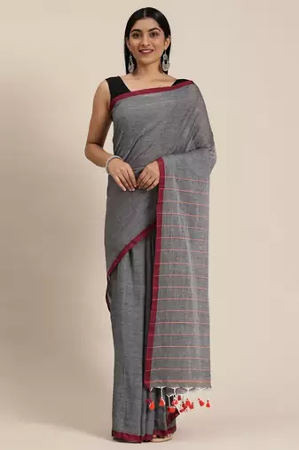 Grey Plain Cotton Handloom Sarees With Blouse