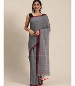Grey Plain Cotton Handloom Sarees With Blouse