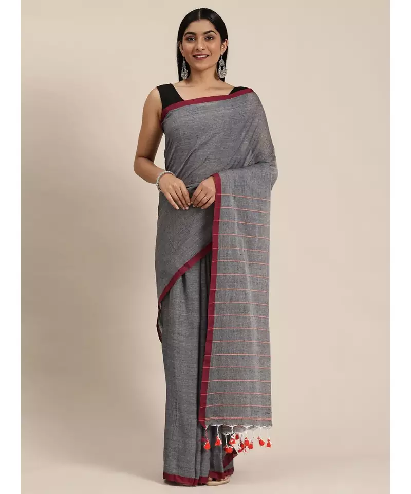 Grey Plain Cotton Handloom Sarees With Blouse