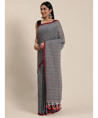 Grey Plain Cotton Handloom Sarees With Blouse 2