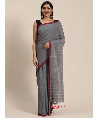 Grey Plain Cotton Handloom Sarees With Blouse 3