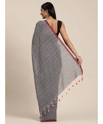 Grey Plain Cotton Handloom Sarees With Blouse 4
