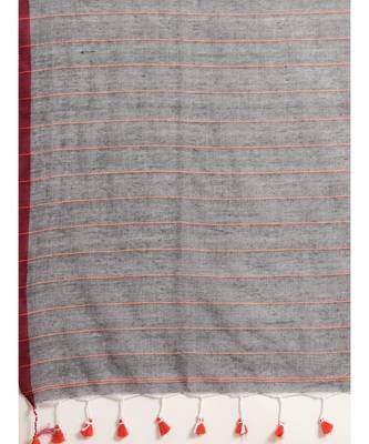 Grey Plain Cotton Handloom Sarees With Blouse 6