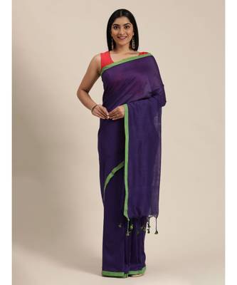 Purple Plain Cotton Handloom Sarees With Blouse 1