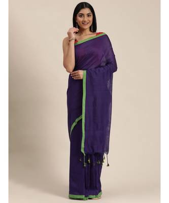 Purple Plain Cotton Handloom Sarees With Blouse 2