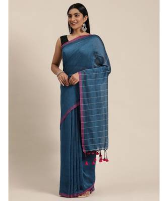 Blue Plain Cotton Handloom Sarees With Blouse 1