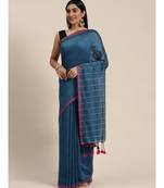 Blue Plain Cotton Handloom Sarees With Blouse