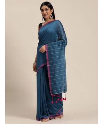 Blue Plain Cotton Handloom Sarees With Blouse 2