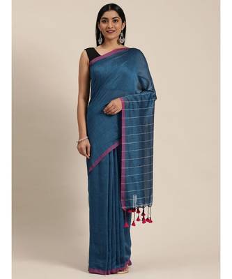 Blue Plain Cotton Handloom Sarees With Blouse 3