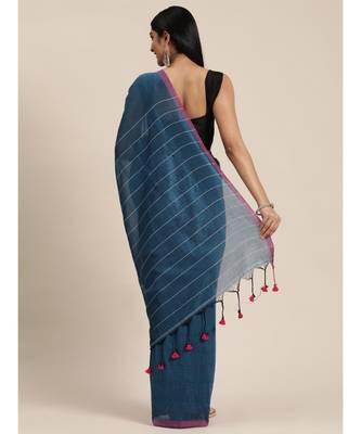 Blue Plain Cotton Handloom Sarees With Blouse 4