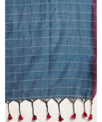 Blue Plain Cotton Handloom Sarees With Blouse 6
