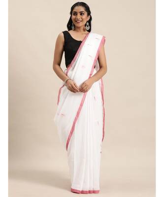 White Plain Cotton Handloom Sarees With Blouse 1