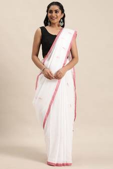 White Plain Cotton Handloom Sarees With Blouse