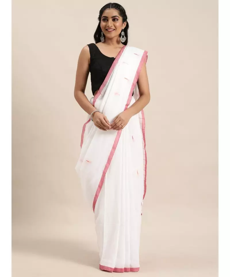 White Plain Cotton Handloom Sarees With Blouse