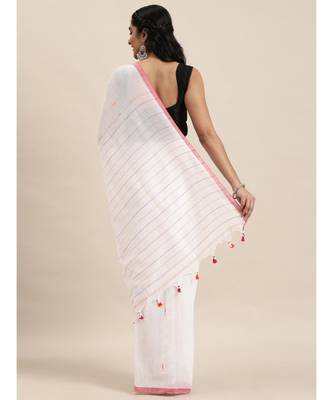 White Plain Cotton Handloom Sarees With Blouse 2