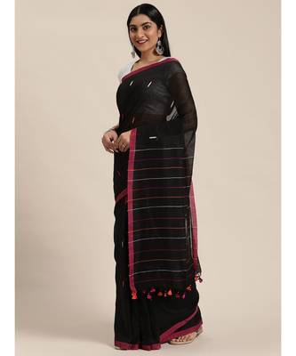 Black Plain Cotton Handloom Sarees With Blouse 1