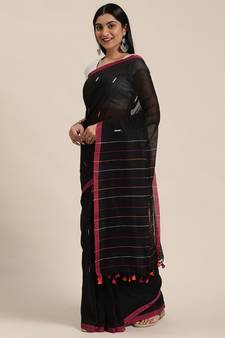 Black Plain Cotton Handloom Sarees With Blouse