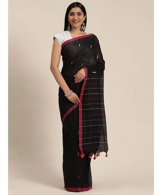 Black Plain Cotton Handloom Sarees With Blouse 2