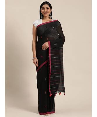 Black Plain Cotton Handloom Sarees With Blouse 3