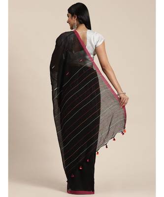 Black Plain Cotton Handloom Sarees With Blouse 4