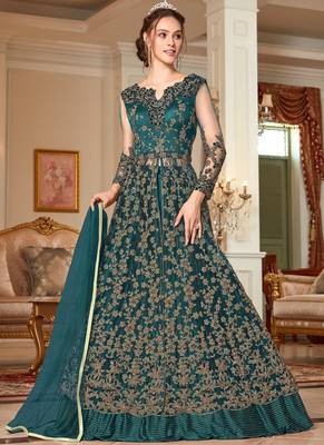 Dark Teal Net Anarkali Salwar Kameez 1