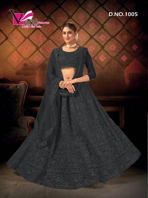 Black embroidered net semi stitched lehenga 1