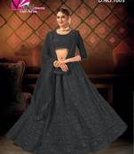 Black embroidered net semi stitched lehenga