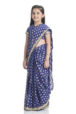 Bhartiya Paridhan Girls Ready To Wear Stitched 6 Yard Navy Blue Saree With Stitched Blouse 1