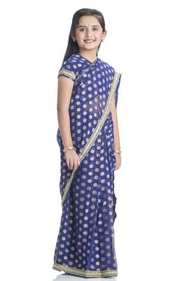 Bhartiya Paridhan Girls Ready To Wear Stitched 6 Yard Navy Blue Saree With Stitched Blouse 2