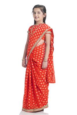 Bhartiya Paridhan Girls Ready To Wear Stitched 6 Yard Orange Saree With Stitched Blouse 1